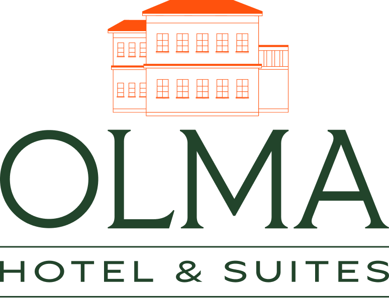 The logo for Olma Hotel & Suites, featuring a simple line drawing of a building above the text in dark green.