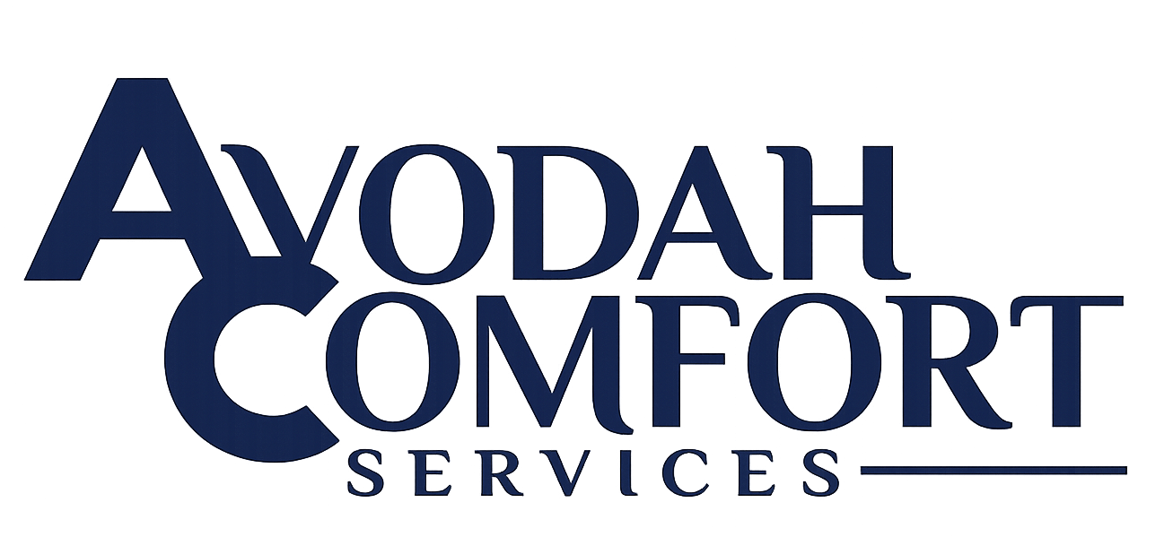 Avodah Comfort Services logo in navy blue text with a stylized roofline above the name