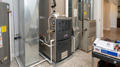 Basement utility room with HVAC furnace, ducts, and water heater beside a laundry basket