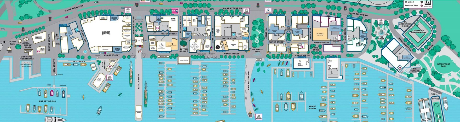 Schematic drawing of the Wharf DC with location of piers, boats and businesses | New homes DC