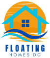 Floating Homes DC logo with house on water and sunset