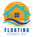 Floating Homes DC logo with house on the water and sunset