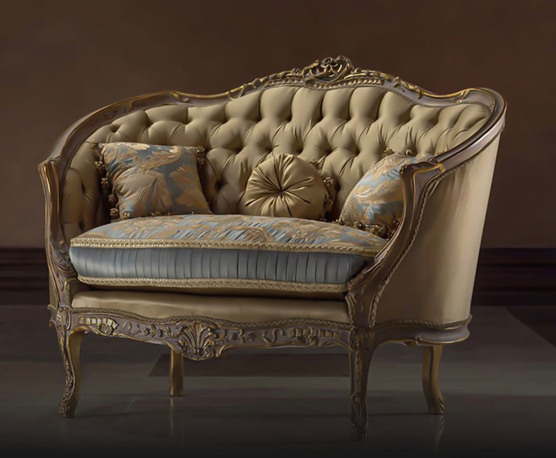 A couch with pillows on it is sitting on a tiled floor.