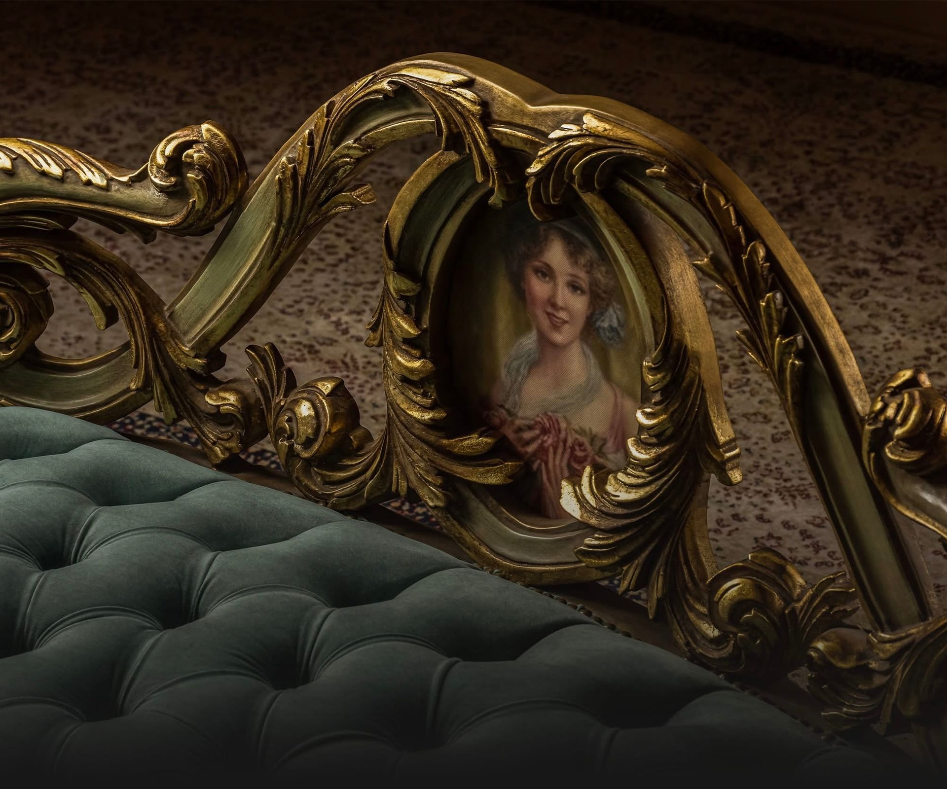 A bed with a picture of a woman on it