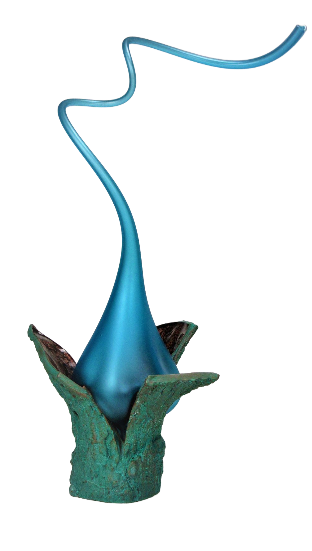 A bright blue glass sculpture resembling a sprout emerging from a textured, weathered green base.