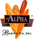 Logo for Alpha Baking Co., Inc. featuring stylized bread shapes in warm colors with the company name on a black banner.