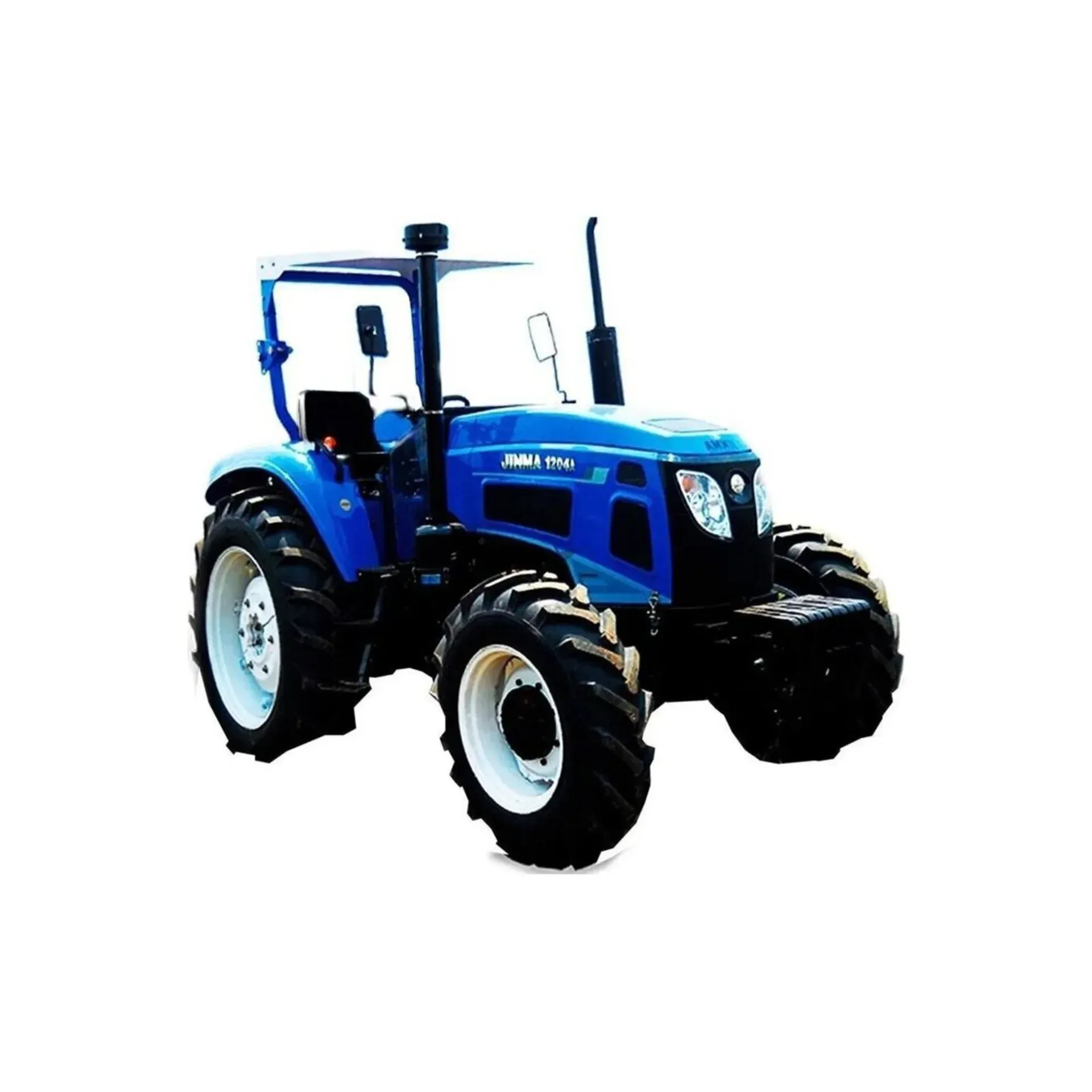 Un tractor azul con neumáticos negros sobre fondo blanco.