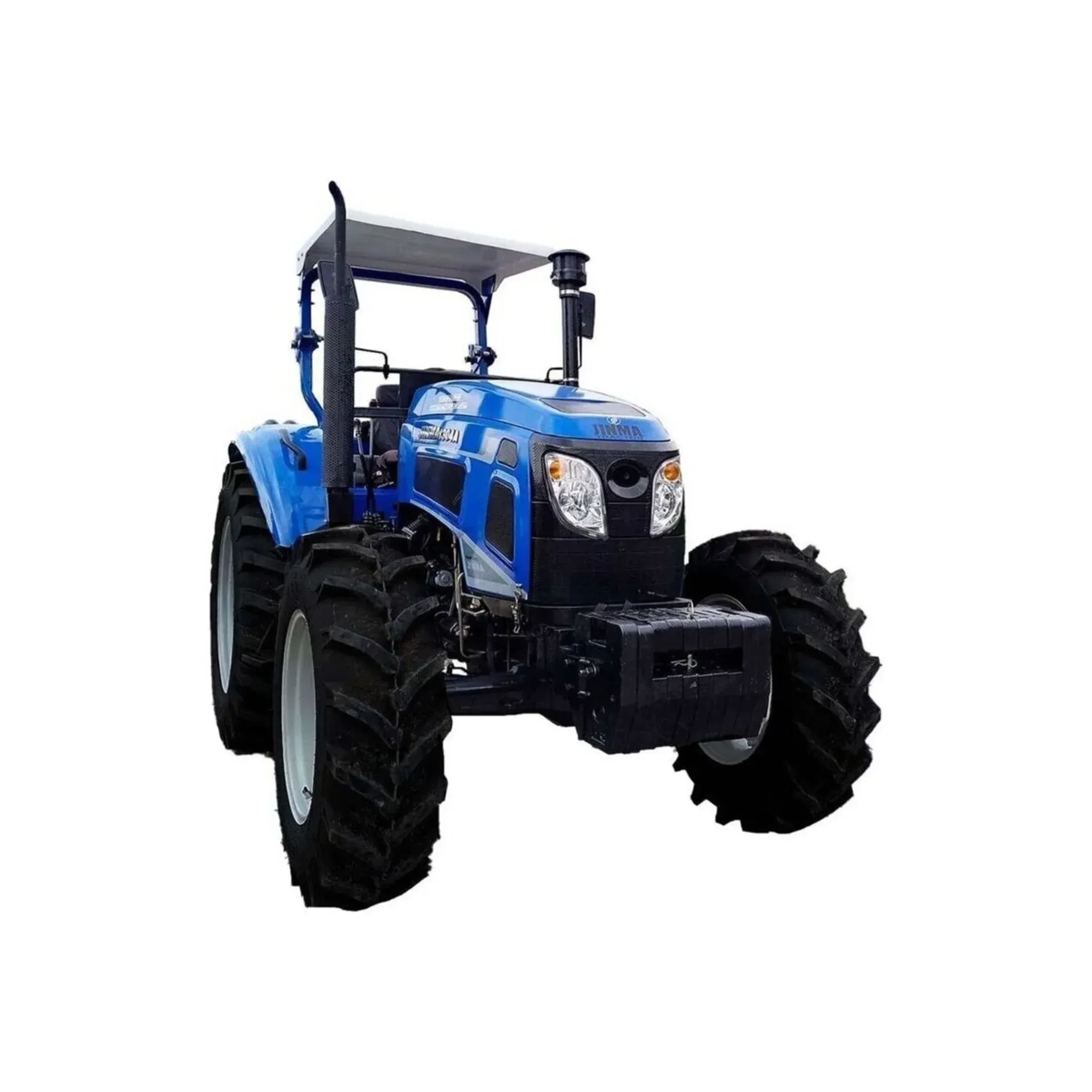 Un tractor azul con neumáticos negros sobre fondo blanco.