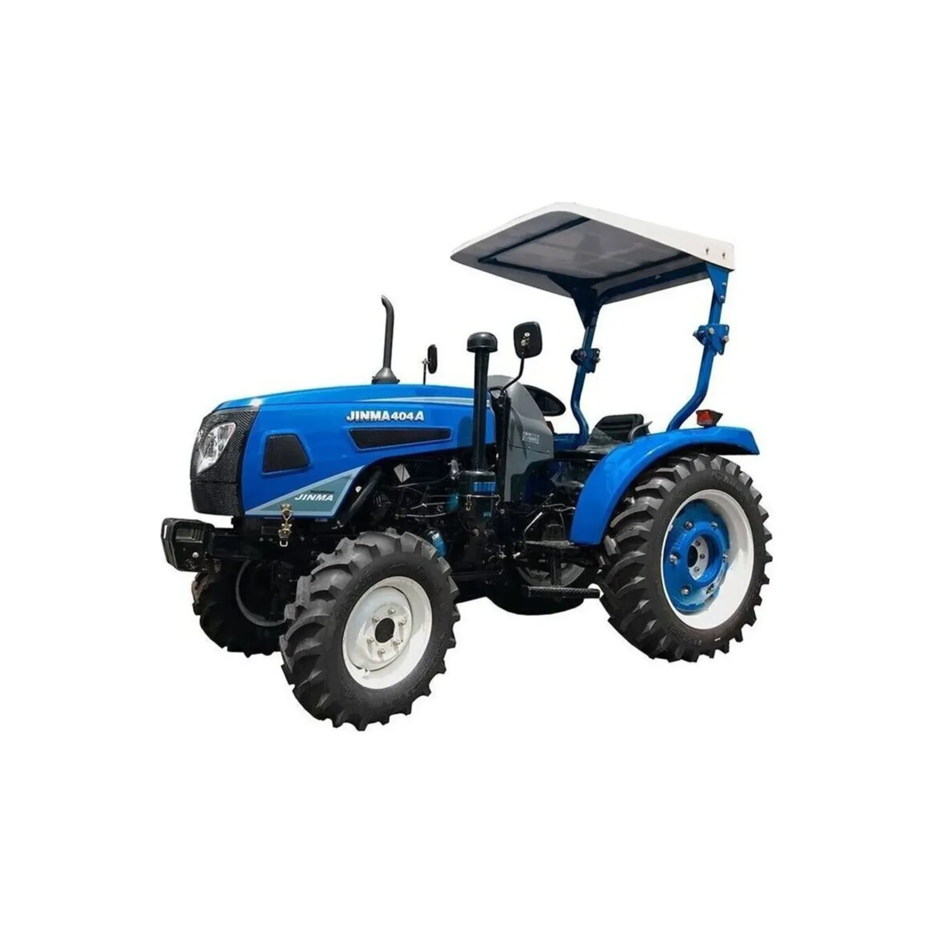 Un tractor azul con un dosel sobre un fondo blanco.