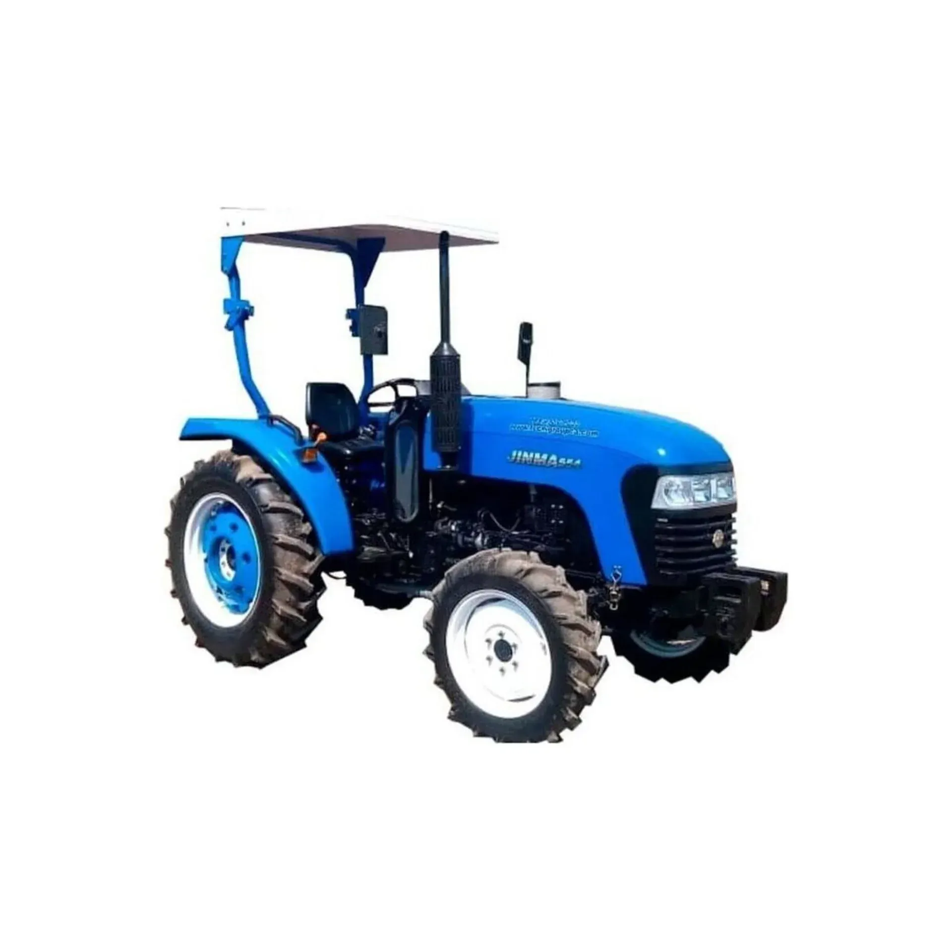 Un tractor azul con un dosel encima sobre un fondo blanco.