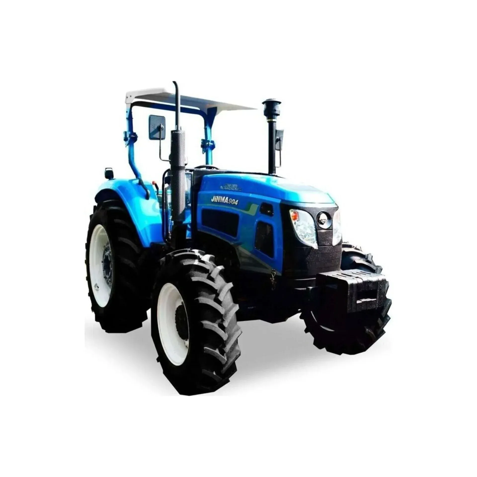 Un tractor azul está sentado sobre una superficie blanca.