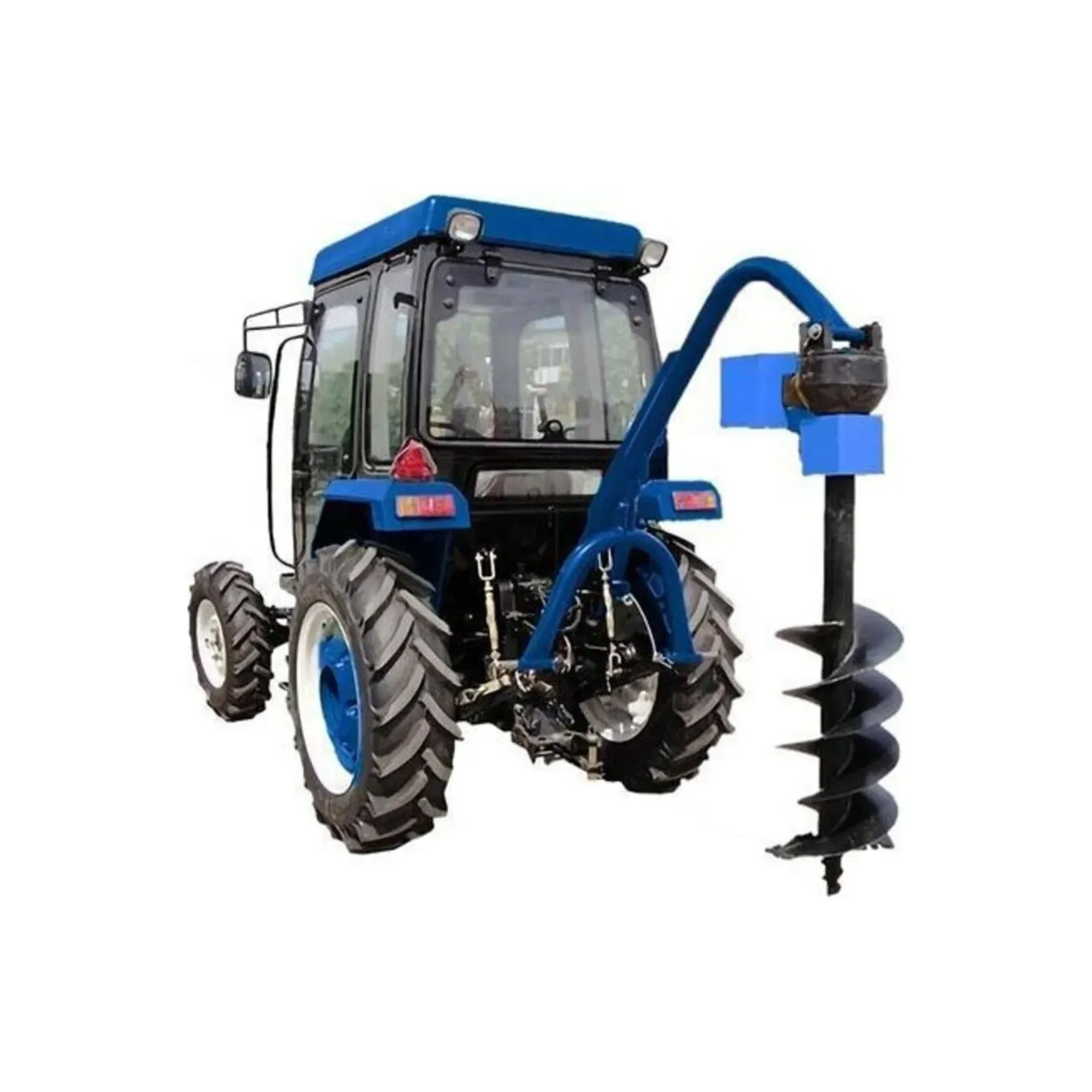 Un tractor azul con un taladro adjunto.