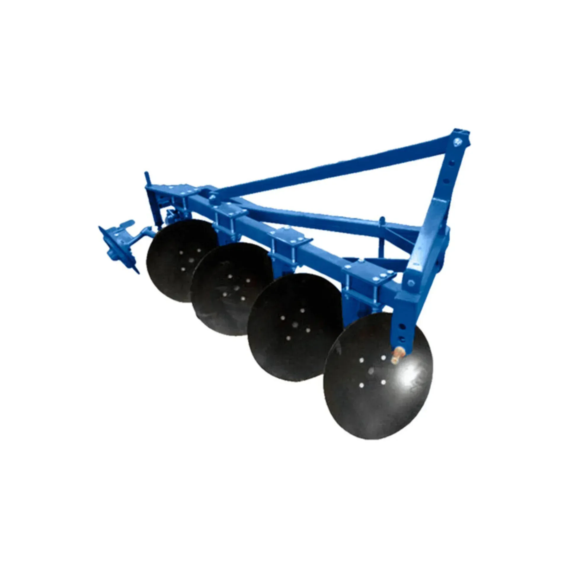 Un arado azul con cuatro discos negros adheridos sobre un fondo blanco.