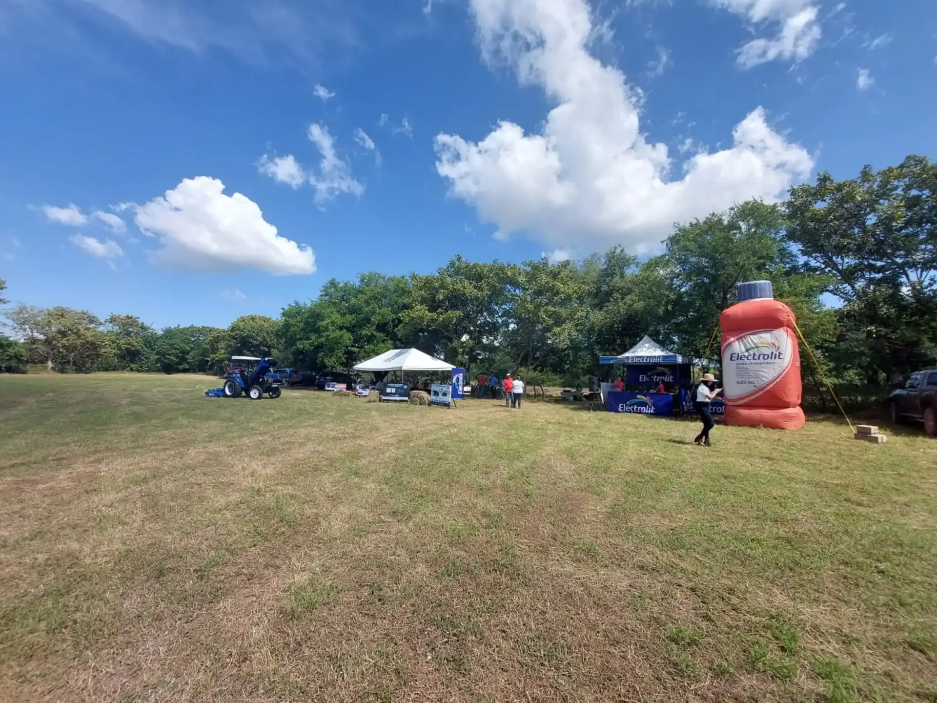 Una gran botella inflable está en medio de un campo de hierba.