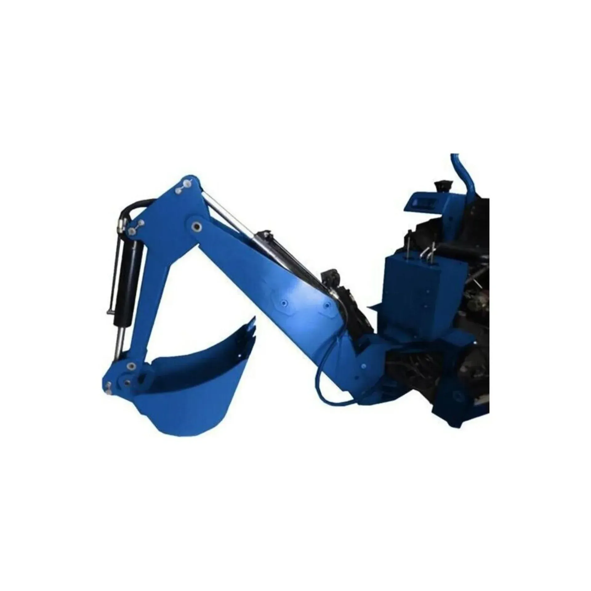 Una excavadora azul con un cubo adjunto