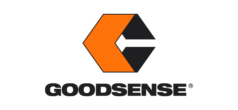 Un logo de goodense con una flecha naranja y negra