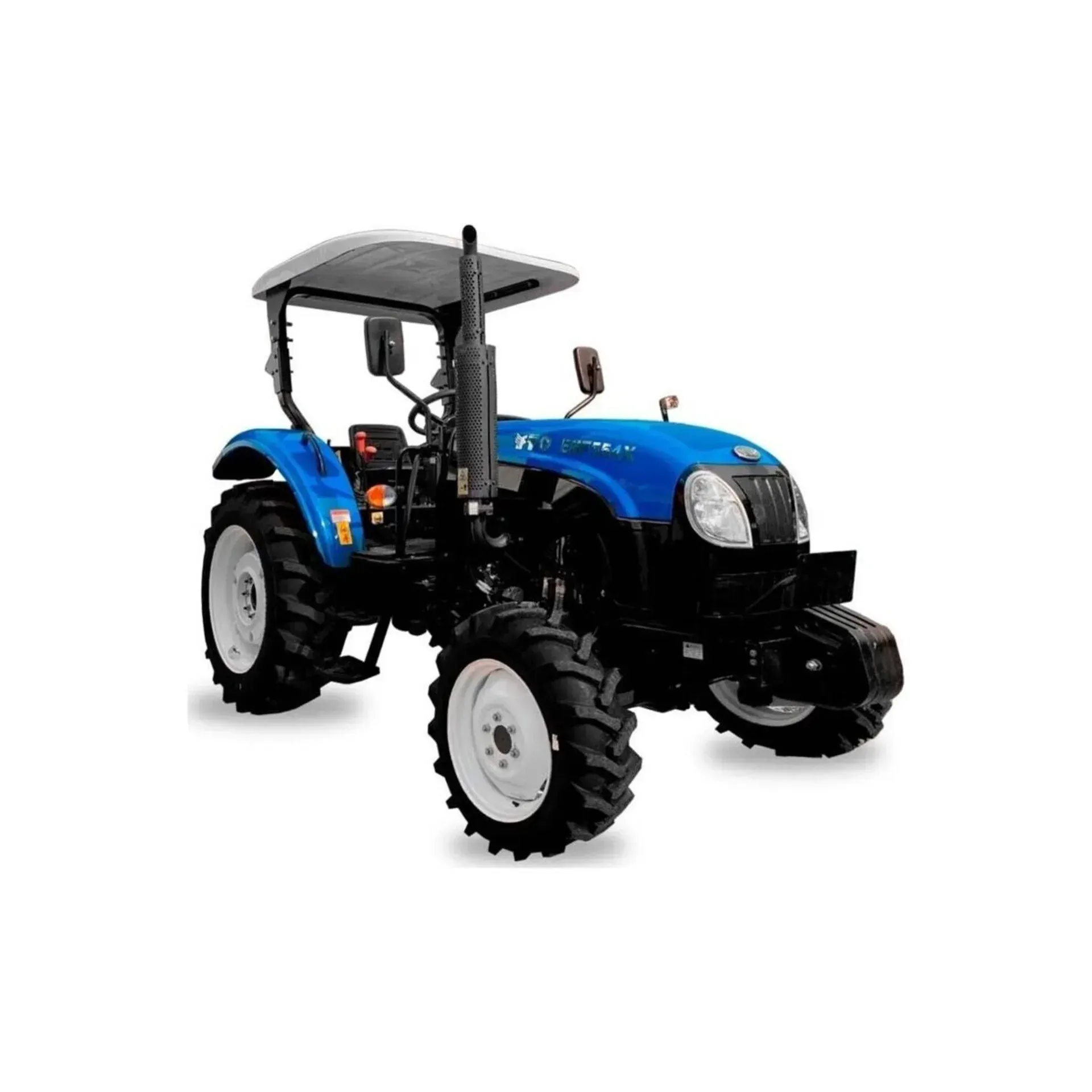 Un tractor azul y negro con un dosel sobre un fondo blanco.