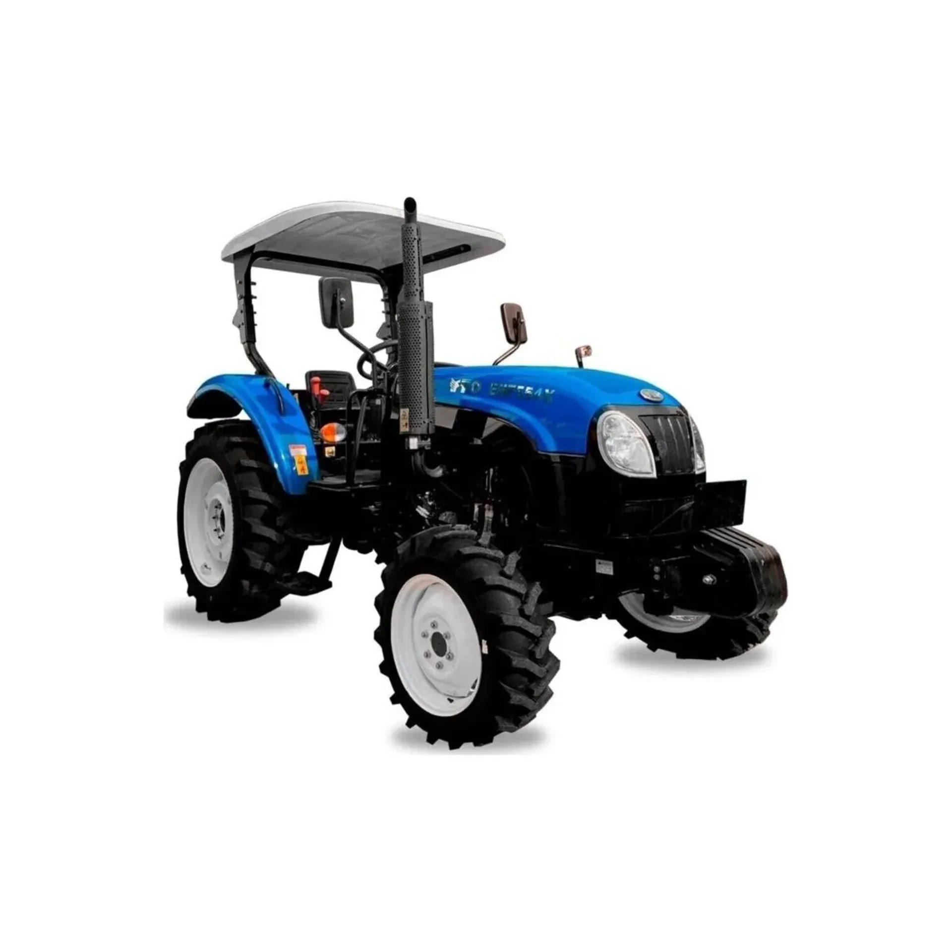 Un tractor azul y negro con un dosel sobre un fondo blanco.