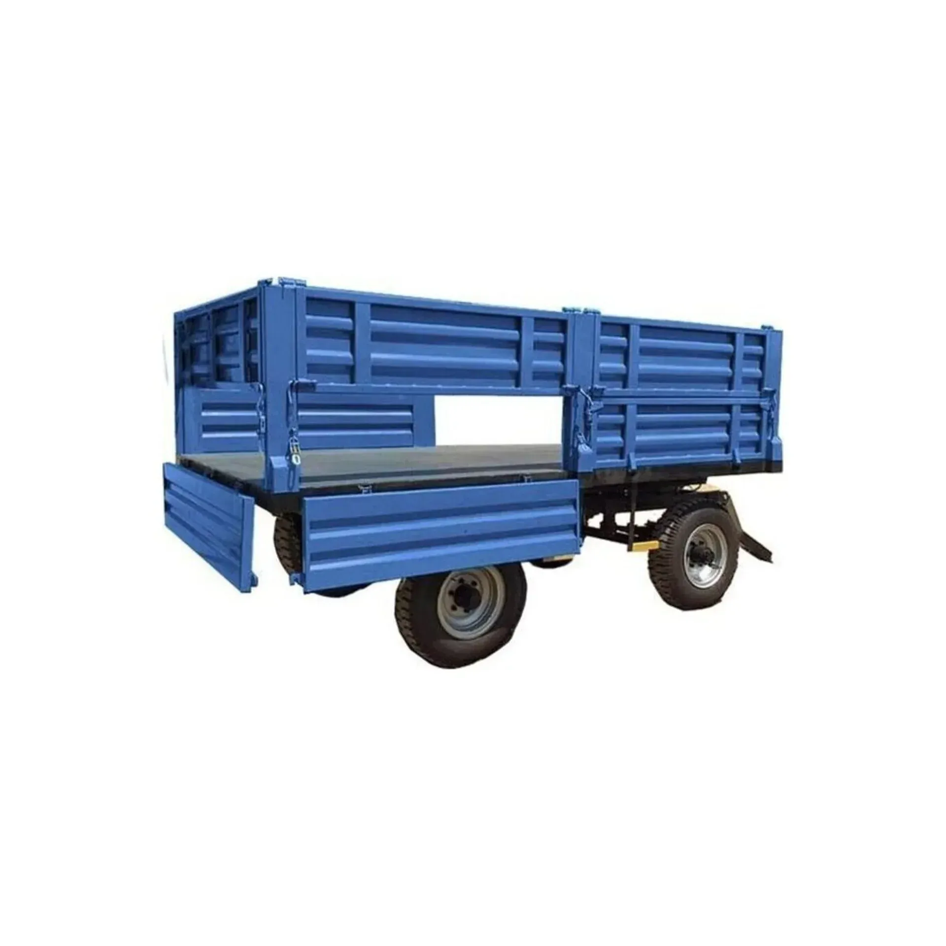 Un remolque azul con dos ruedas sobre fondo blanco.