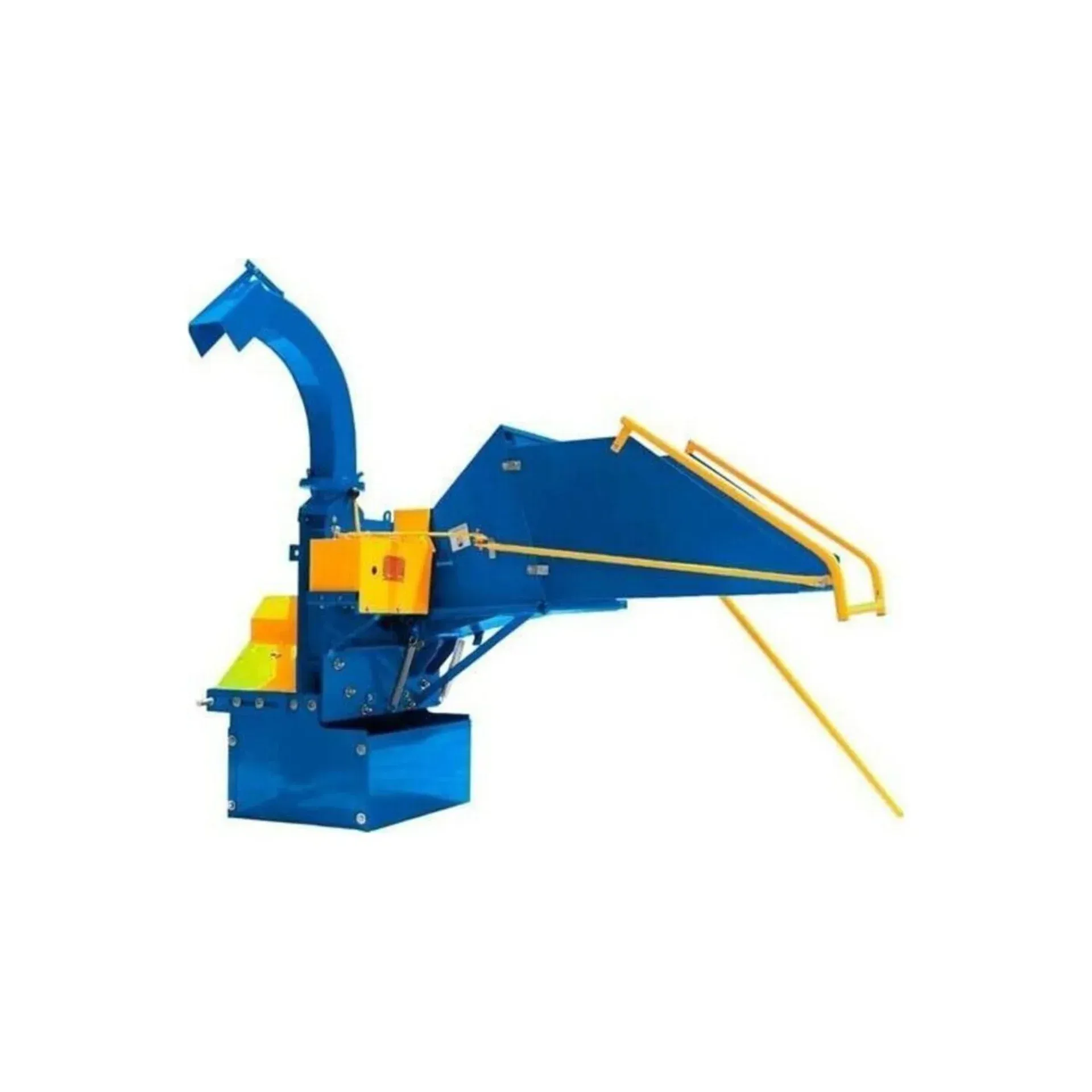 Una máquina azul y amarilla sobre un fondo blanco