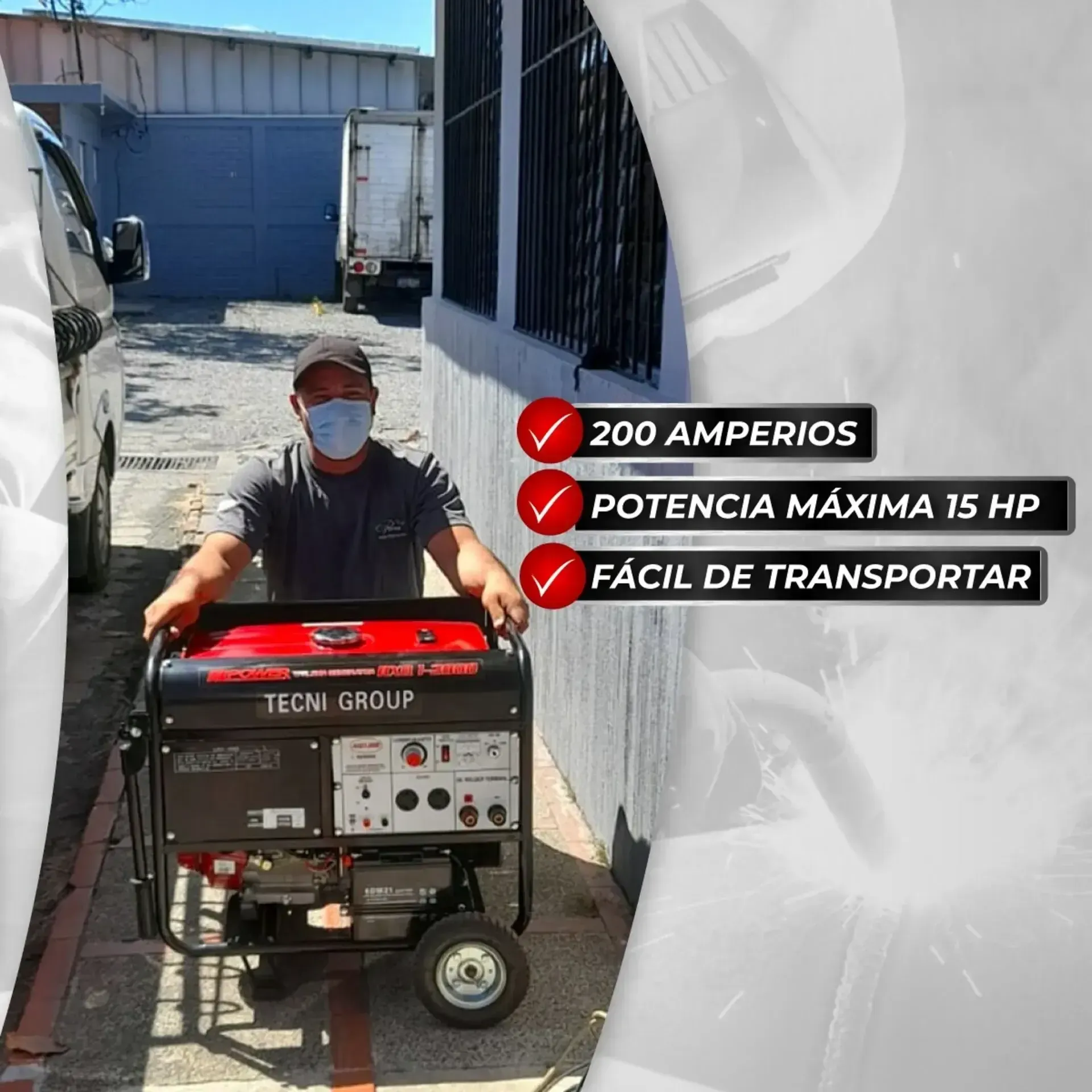 Un hombre con una máscara empuja un generador rojo y negro