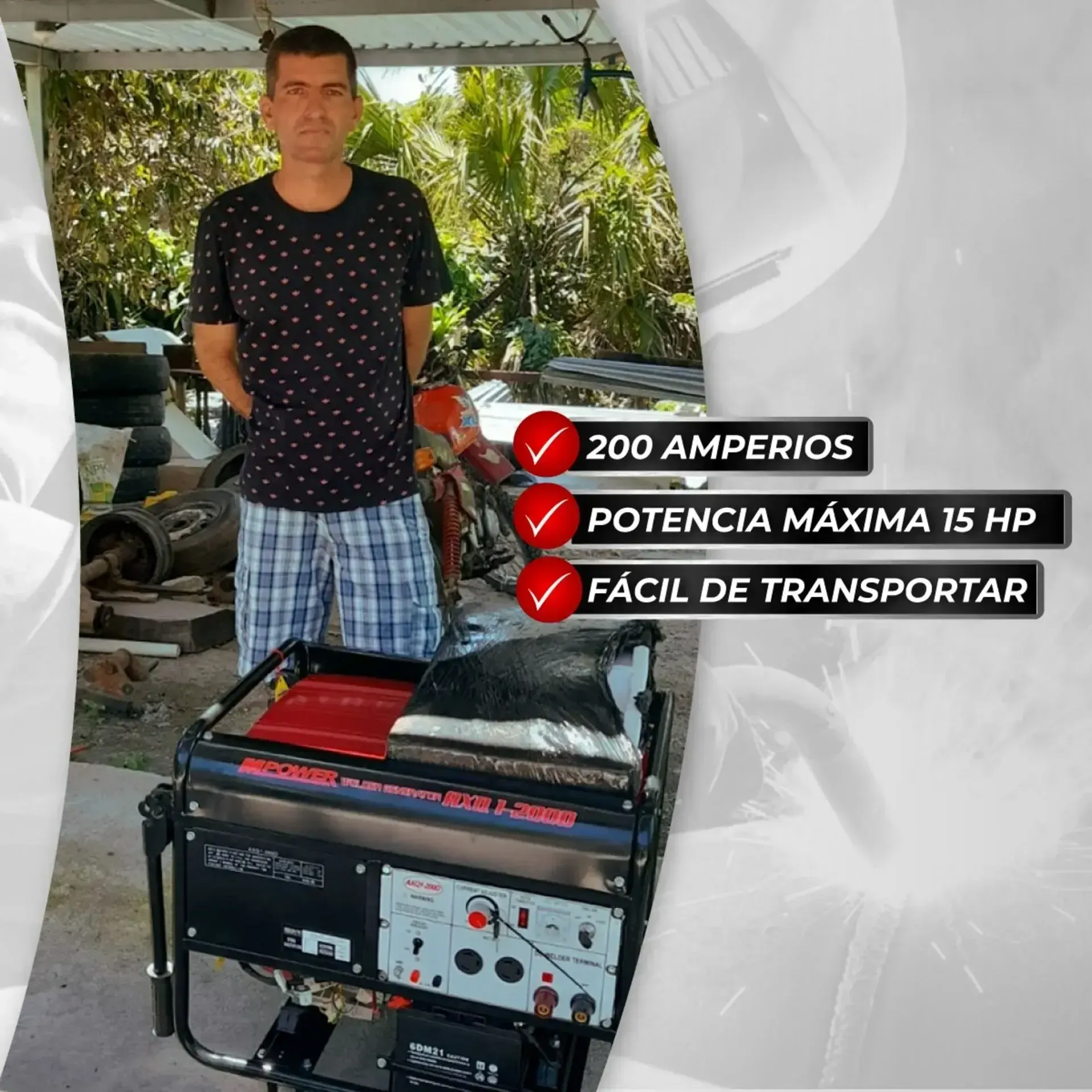 Un hombre parado al lado de un generador que dice 200 amperios