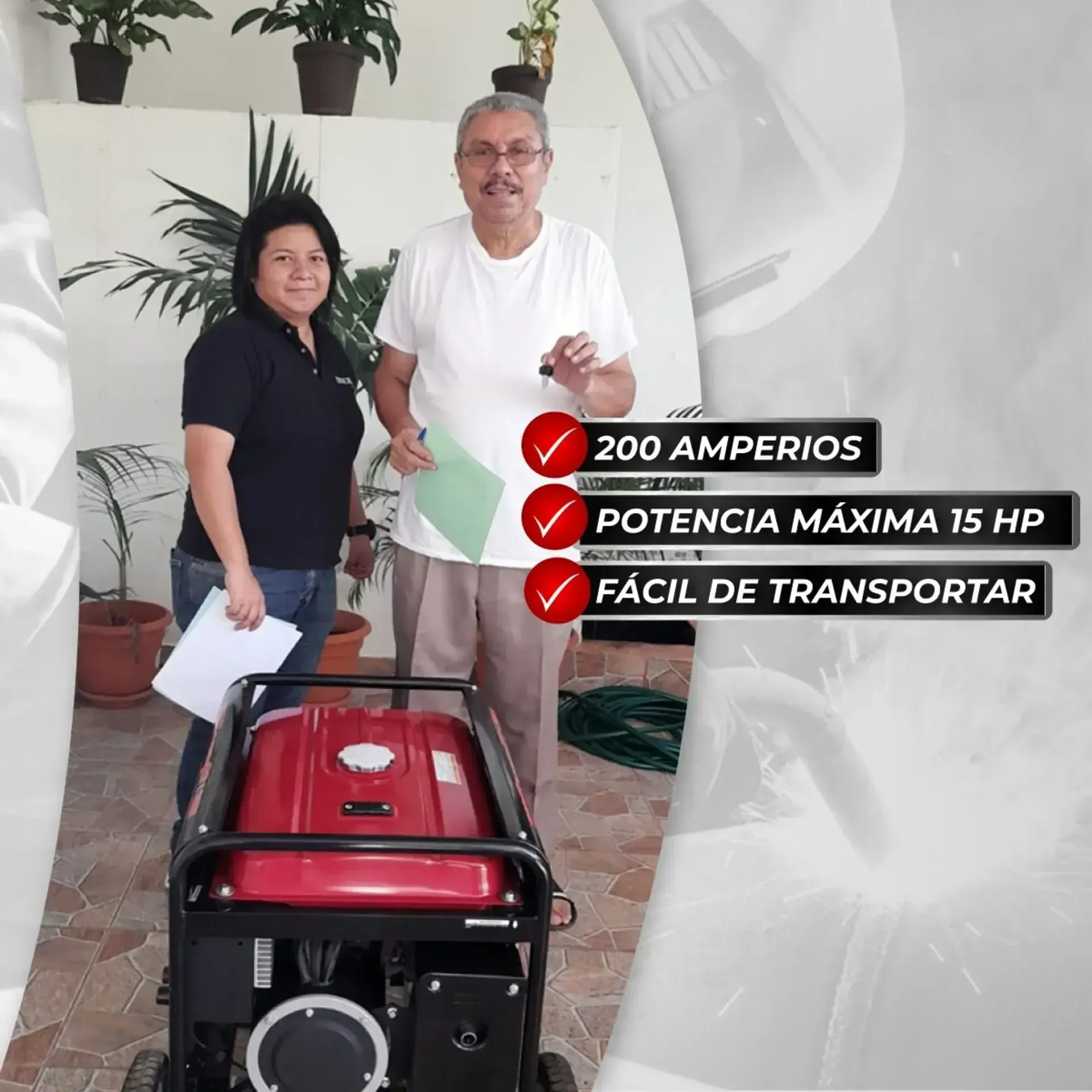 Un hombre y una mujer parados junto a un generador rojo que dice 200 amperios