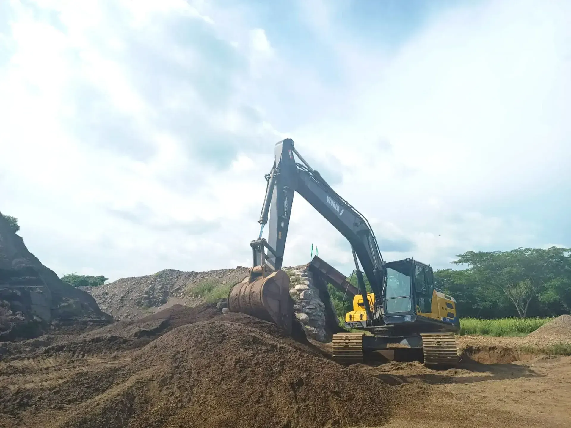 Una gran excavadora está trabajando en un montón de tierra en un campo.