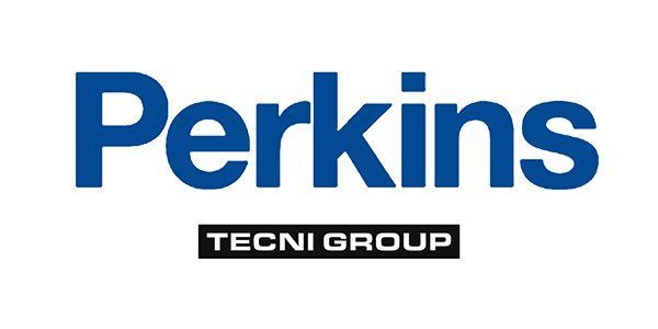 El logotipo del grupo Perkins Techni es azul y negro sobre un fondo blanco.