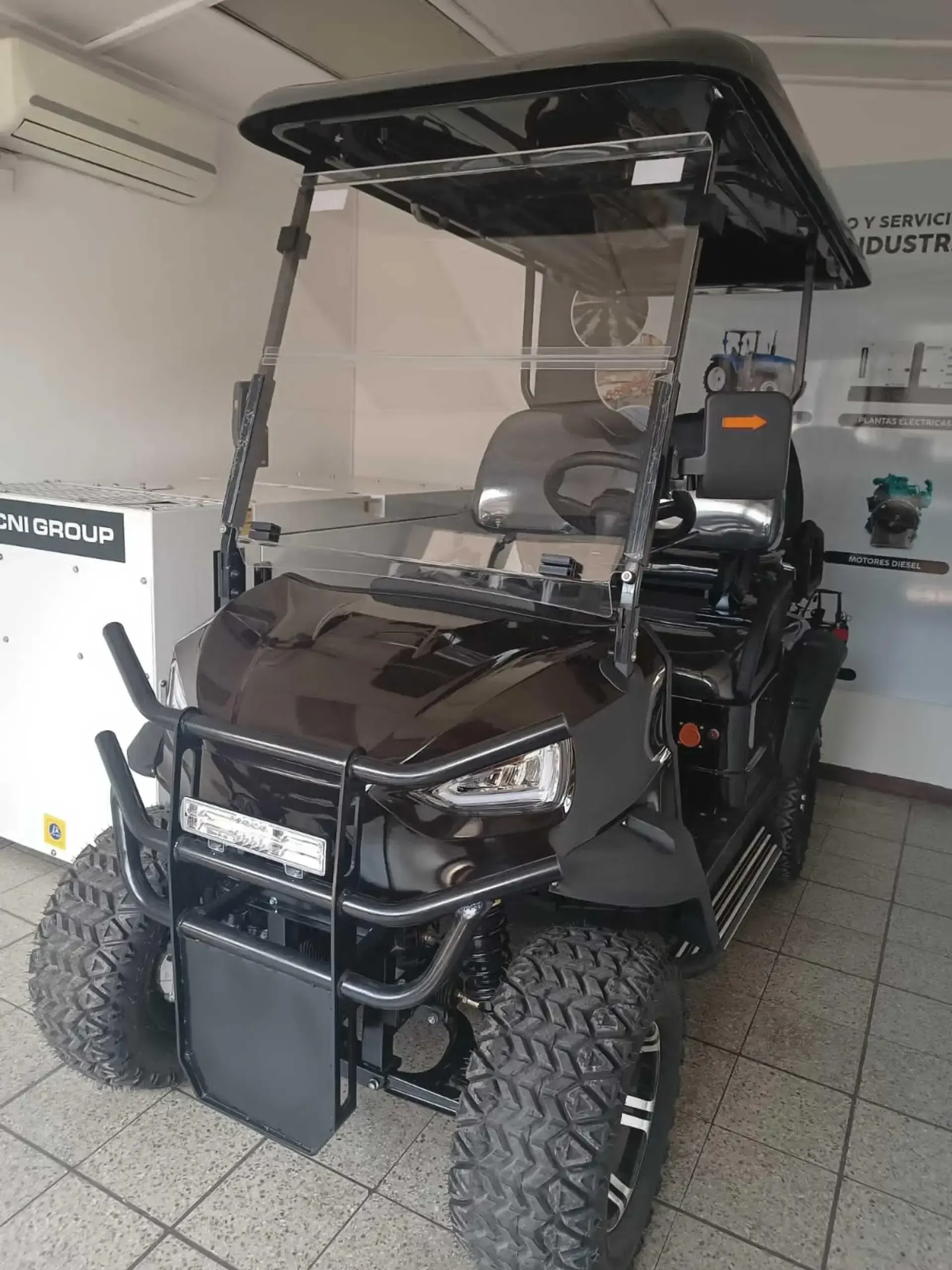 Un carrito de golf negro está estacionado en un garaje.