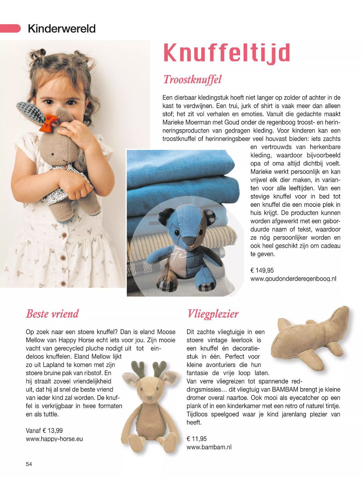 Een jong meisje met een teddybeer, tekst over handgemaakte speeltjes en voorbeelden van speelgoeddieren gemaakt van dierbare kleding en textiel
