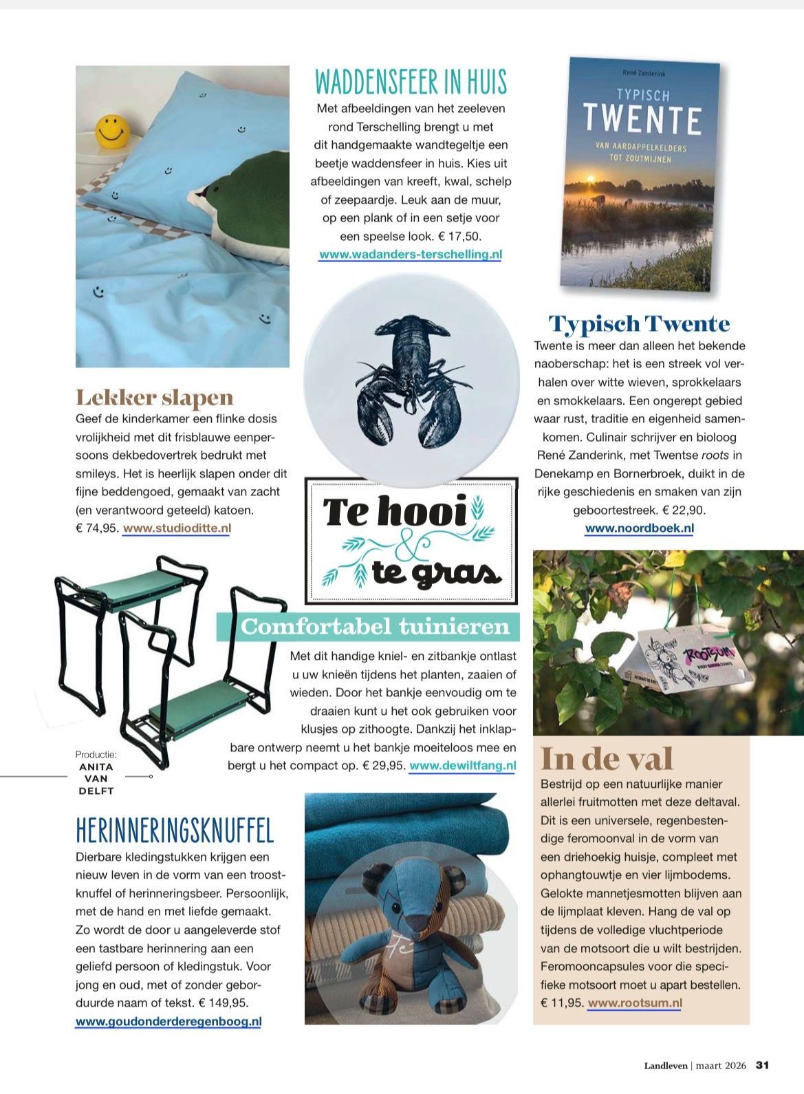 Een collage van producten en korte tekstfragmenten van een tijdschriftpagina, met afbeeldingen van cadeaus, boeken en woonaccessoires.