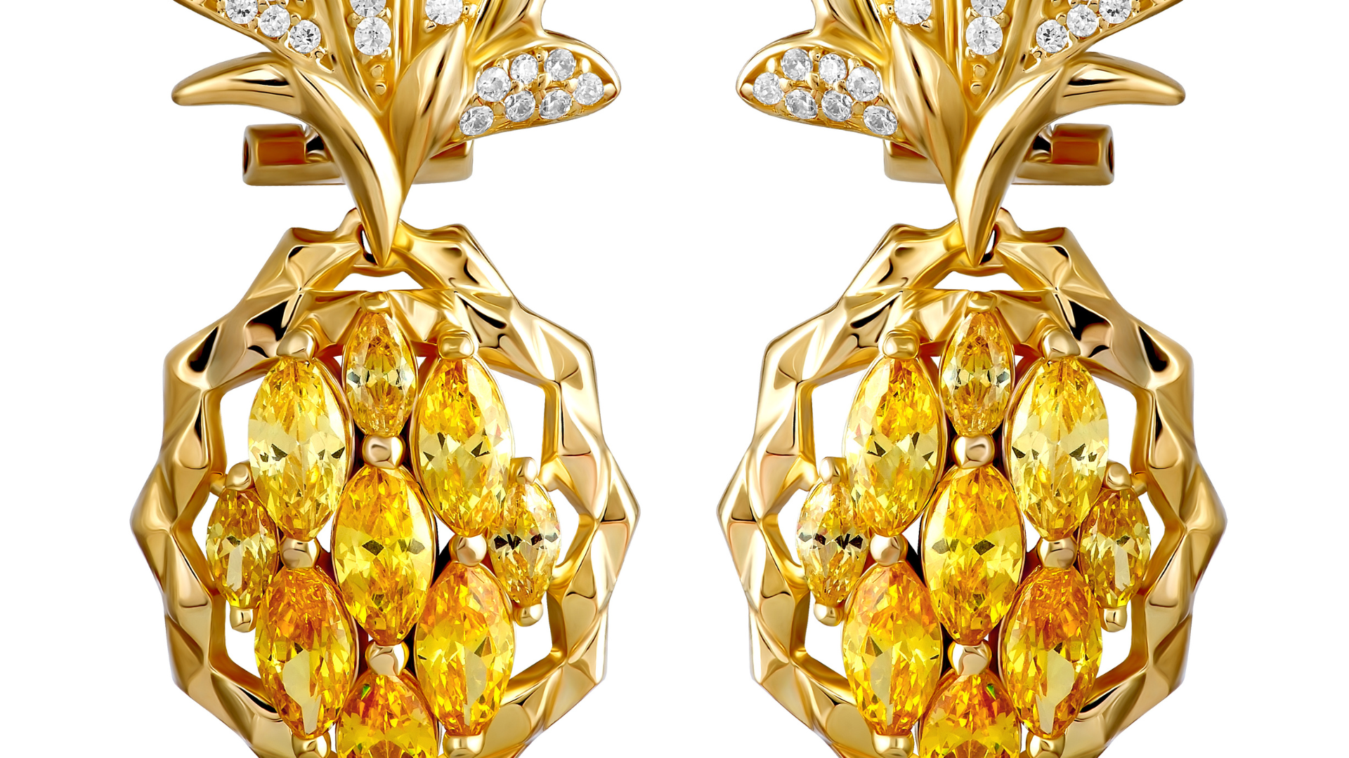 A pair of pineapple shaped earrings with yellow stones and diamonds.