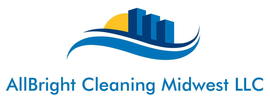 Logo for AllBright Cleaning Midwest LLC: blue and yellow skyline with blue waves.
