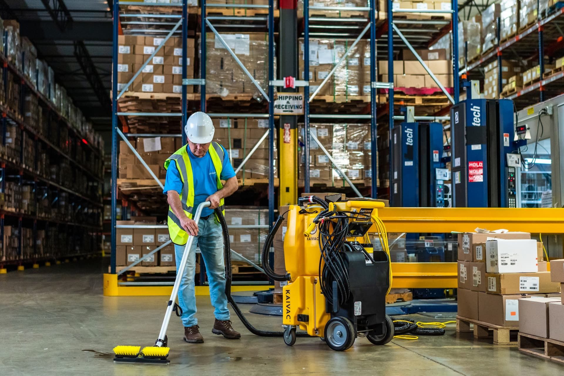 Warehouse worker in safety gear vacuuming with yellow machine near shelves of boxes.
