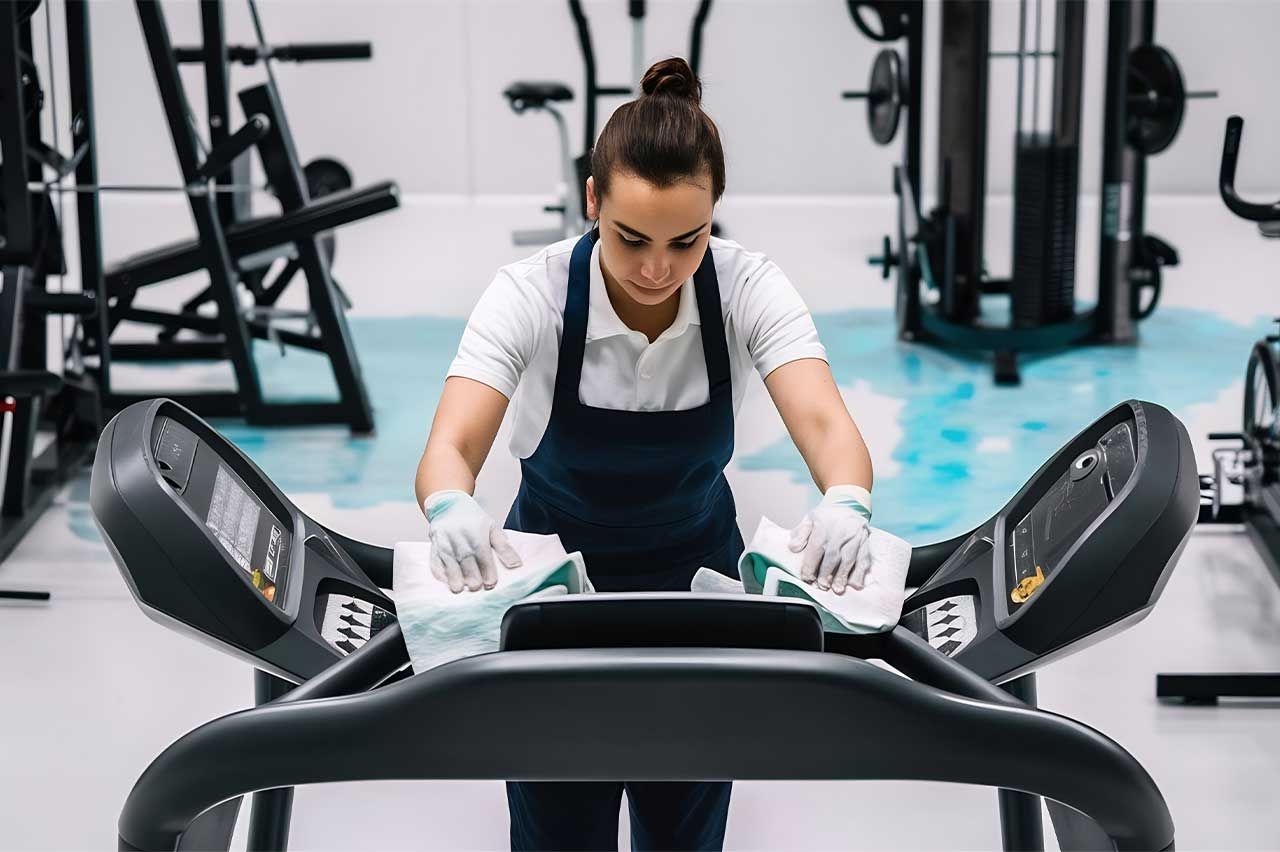 Gym employee in gloves wiping down treadmill control panel. Gym equipment visible in background.