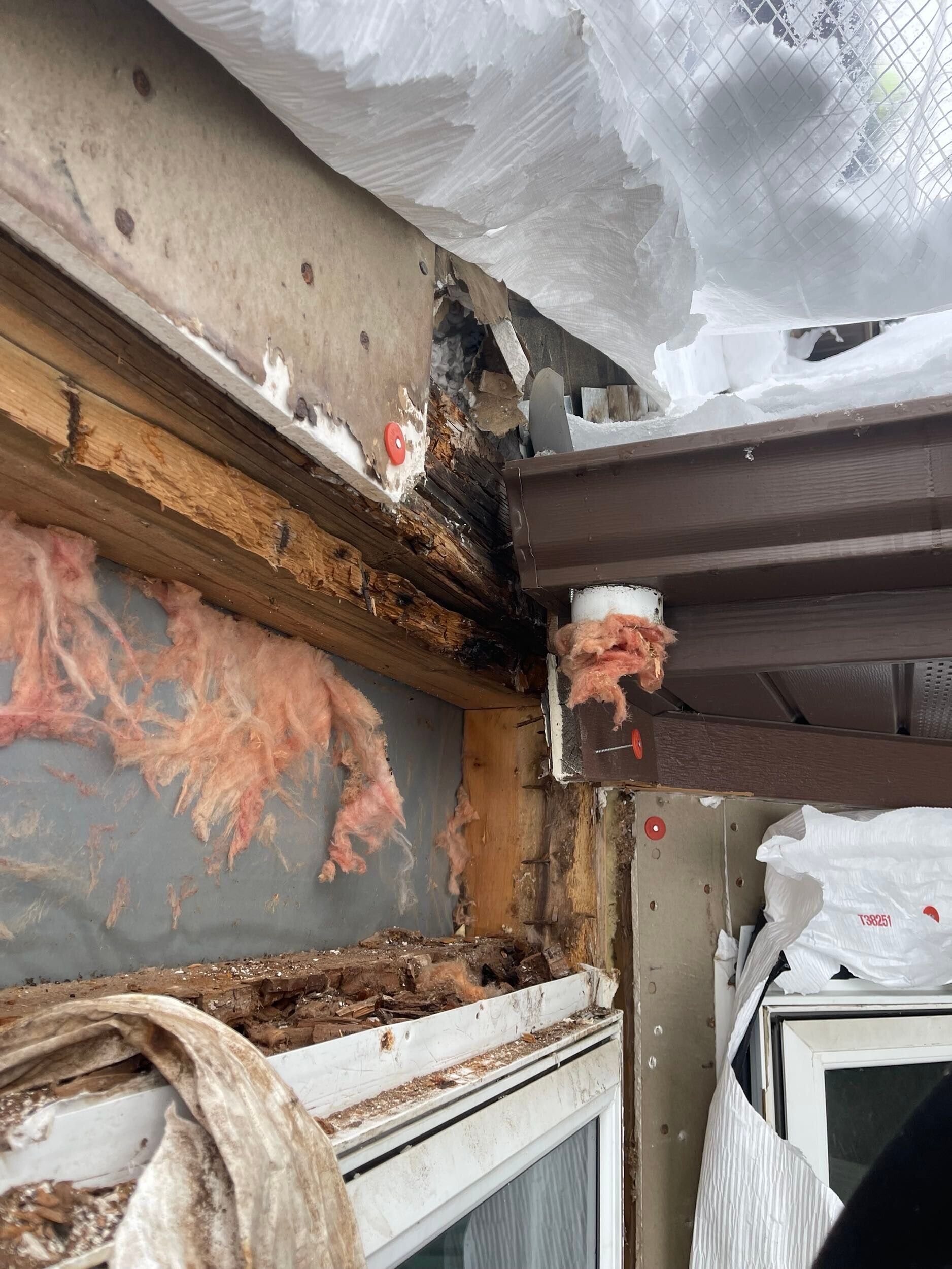 Exterior corner of a building showing rotted wood, insulation, and water damage.