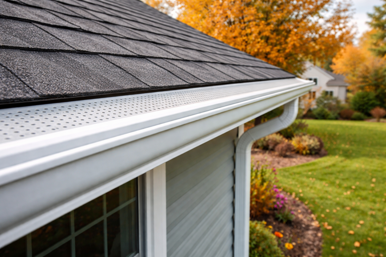 Copper rain gutter on stone wall of an outdoor fireplace, part of a patio with a couch.