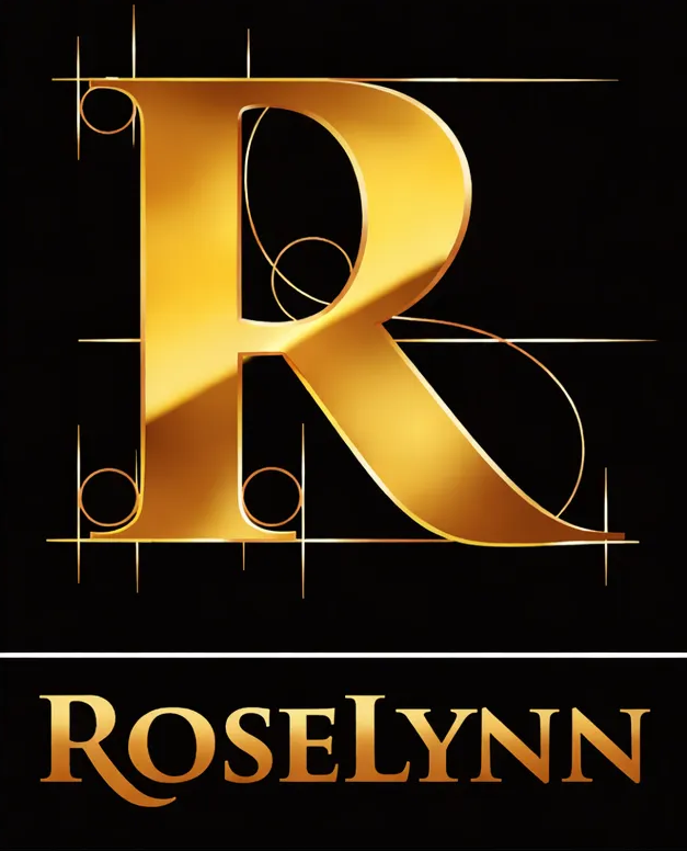 Gold letter "R" with shadow on black background, text "Roselynn" below.