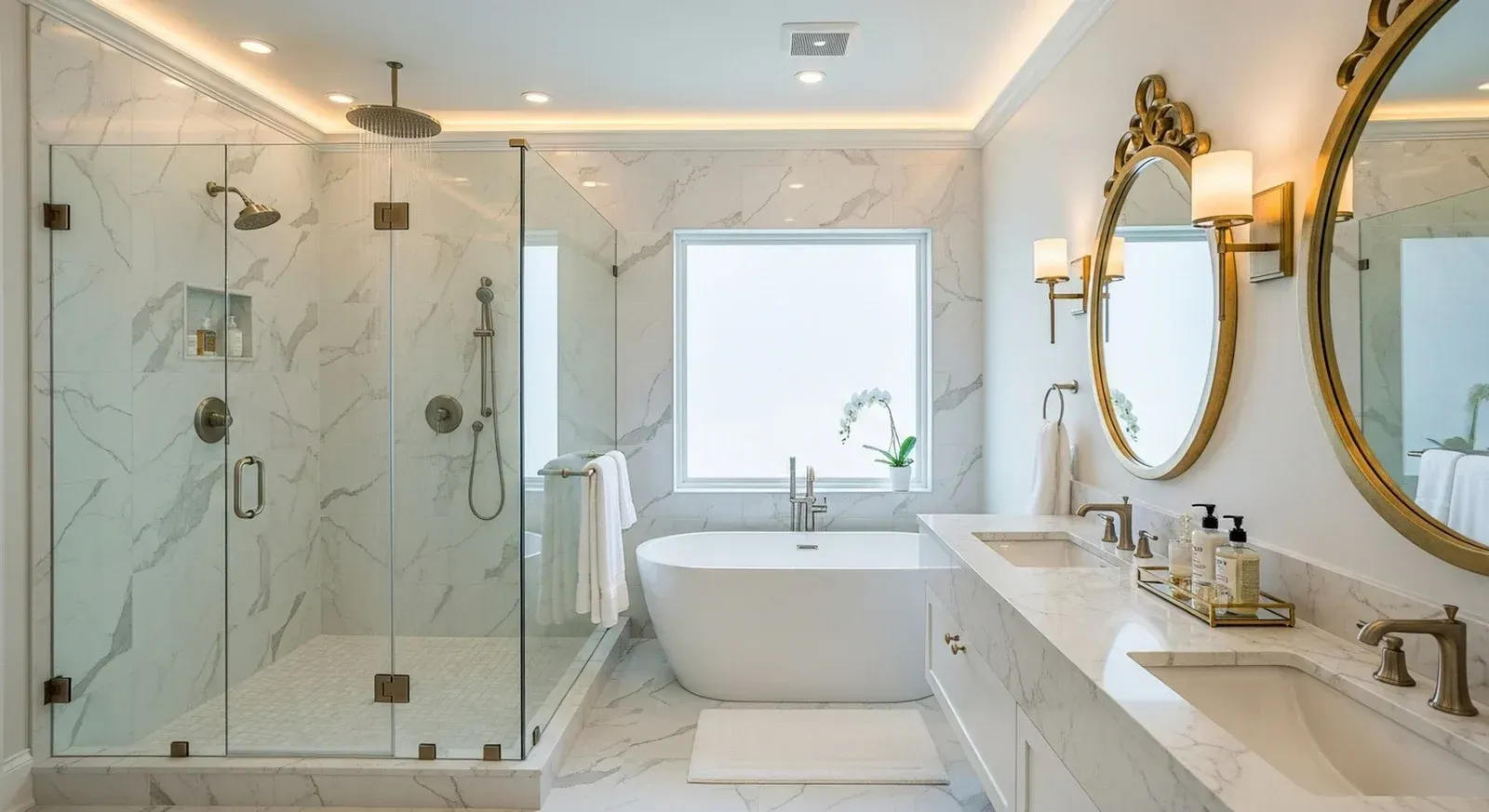 Luxurious marble bathroom with a glass shower, soaking tub, and double vanity.