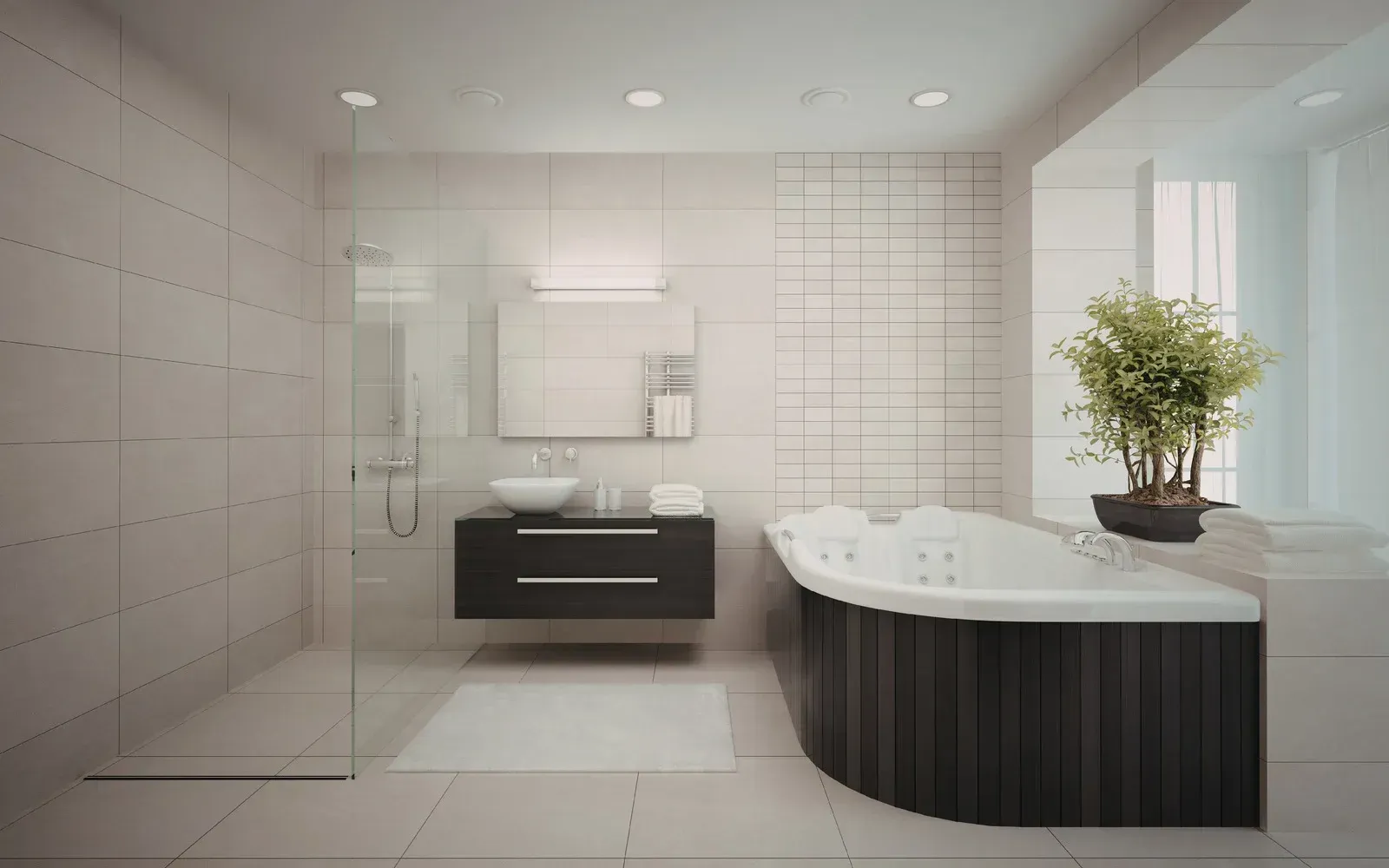 Modern white bathroom with floating vanity, glass shower, and jacuzzi tub.