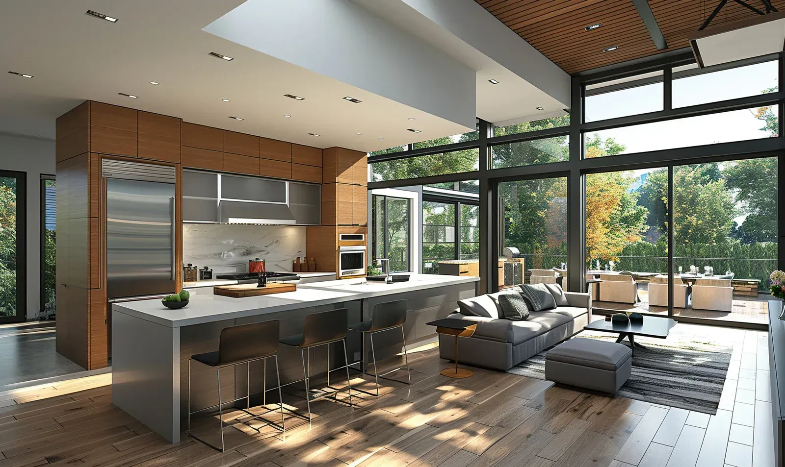 Modern kitchen and living area with large windows overlooking trees. Wood cabinets, island with stools.