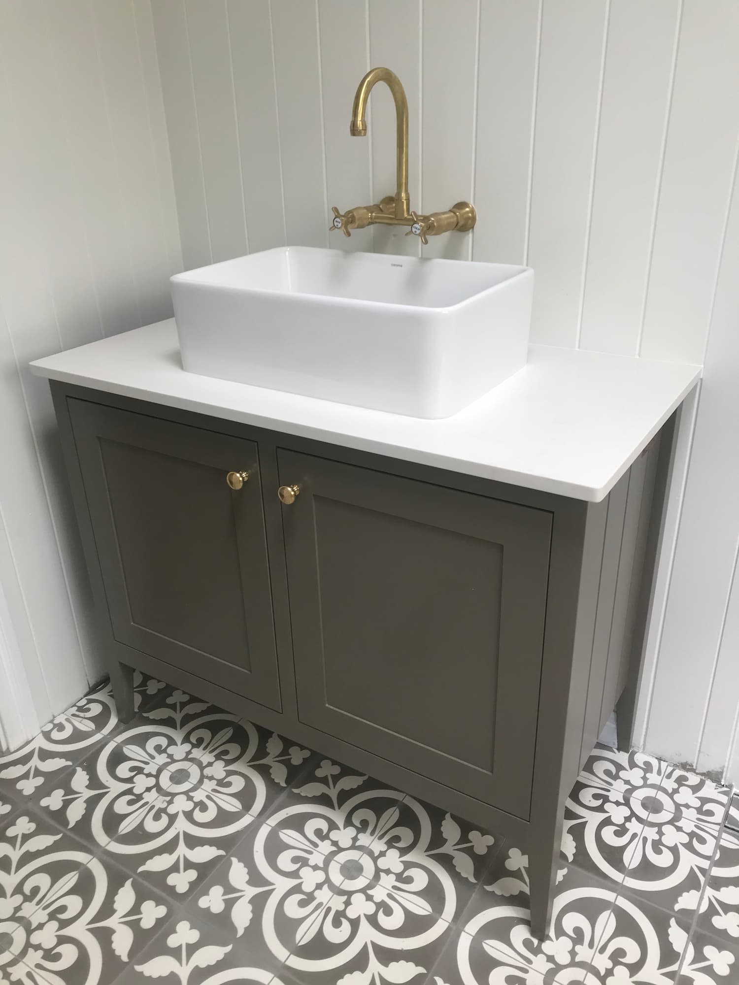 White, Gold And Grey Bathroom Vanity — Cabinet Makers in the Northern Rivers