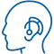 A blue line drawing of a man 's head with a headset in his ear.