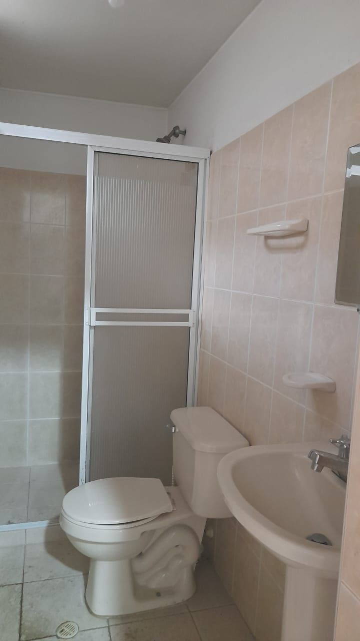 Un baño con inodoro, lavabo y ducha.