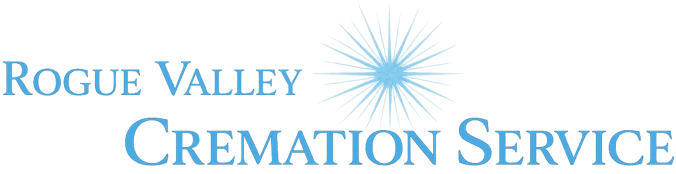 Logo for Rogue Valley Cremation Service: text and starburst in light blue.