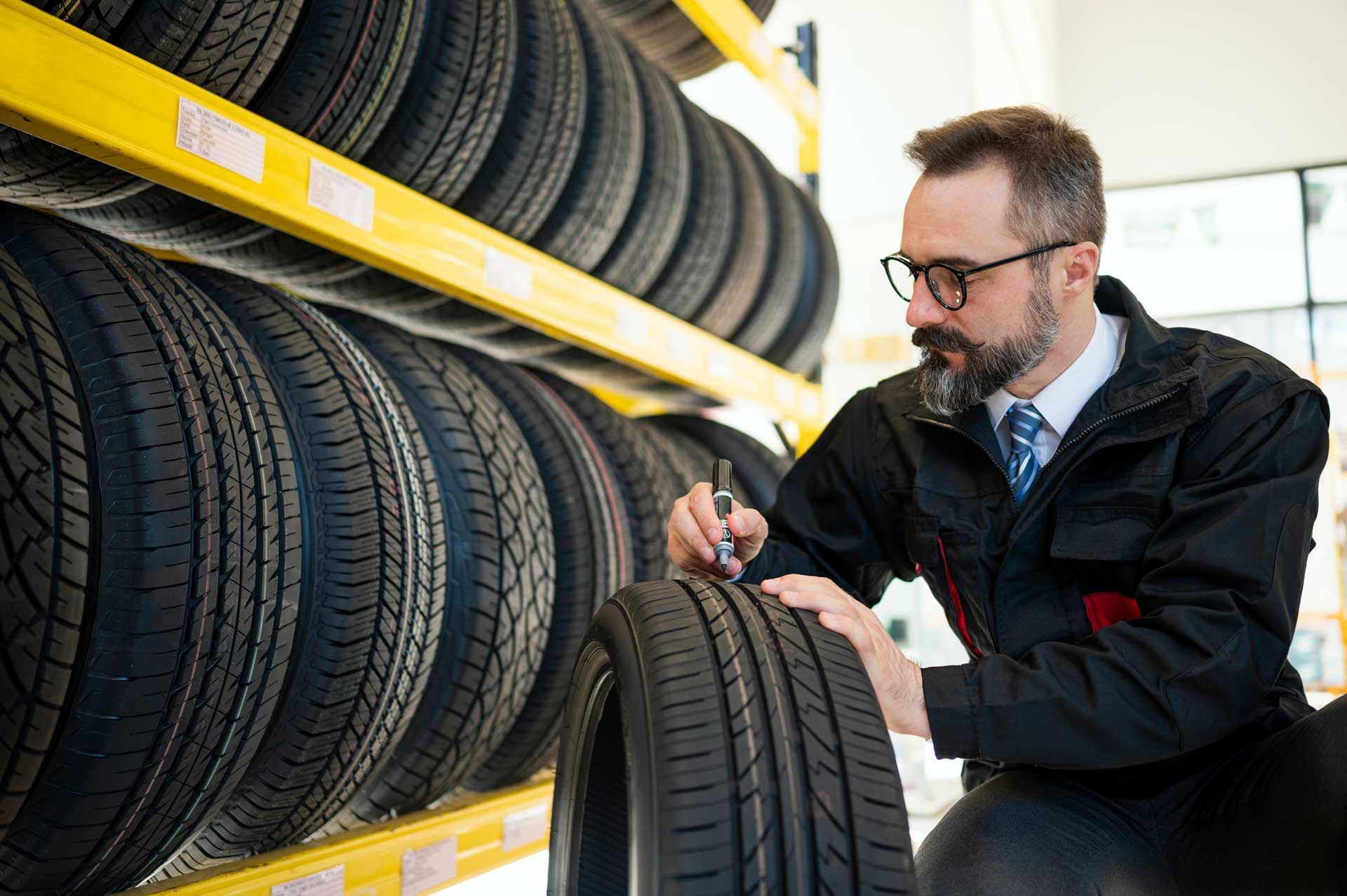 A mechanic inspecting a tire in a tire store. Yellow shelves with tires.