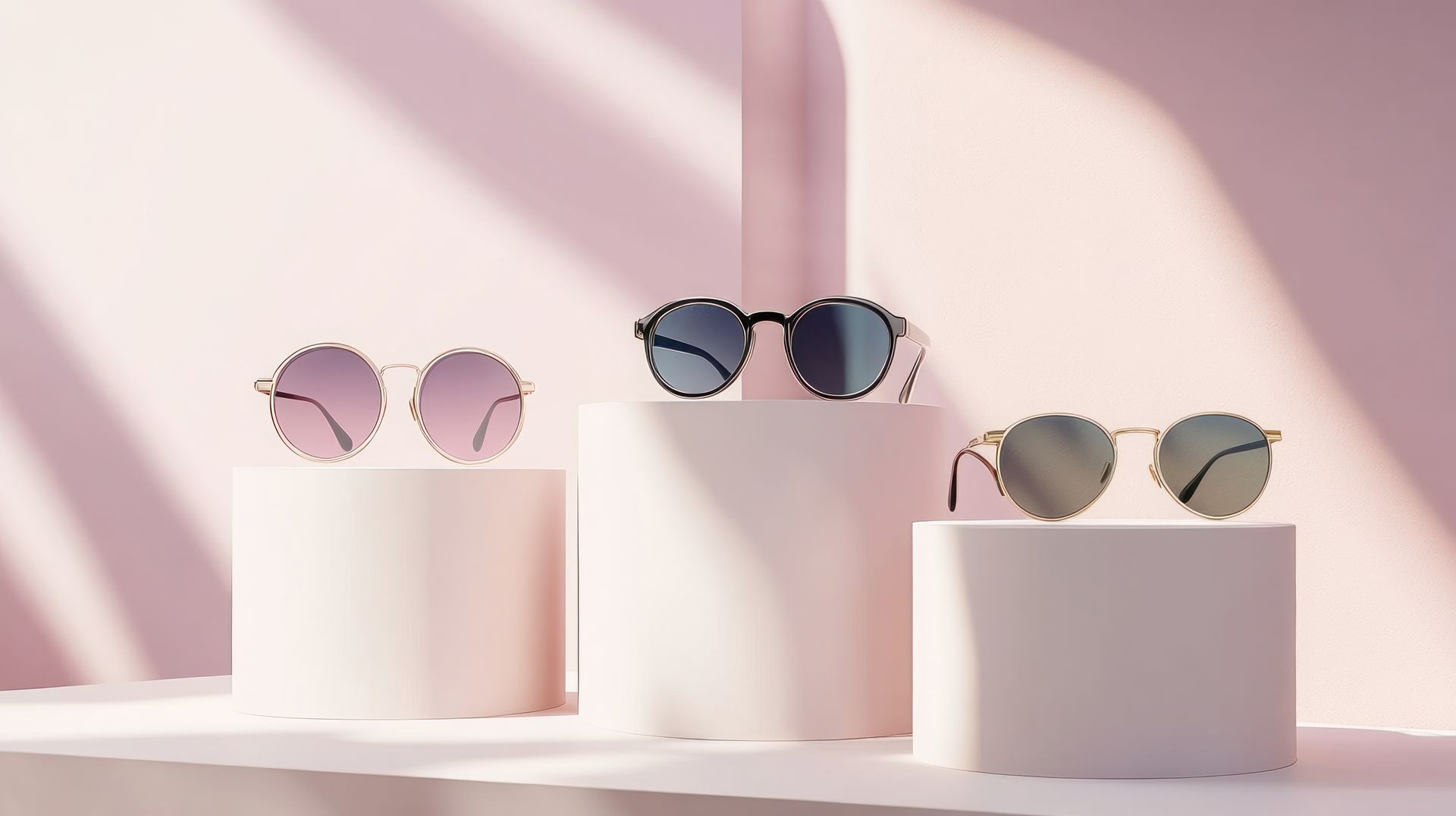 Luxury cartier glasses display with red gradient lenses and gold frames on boutique shelf.