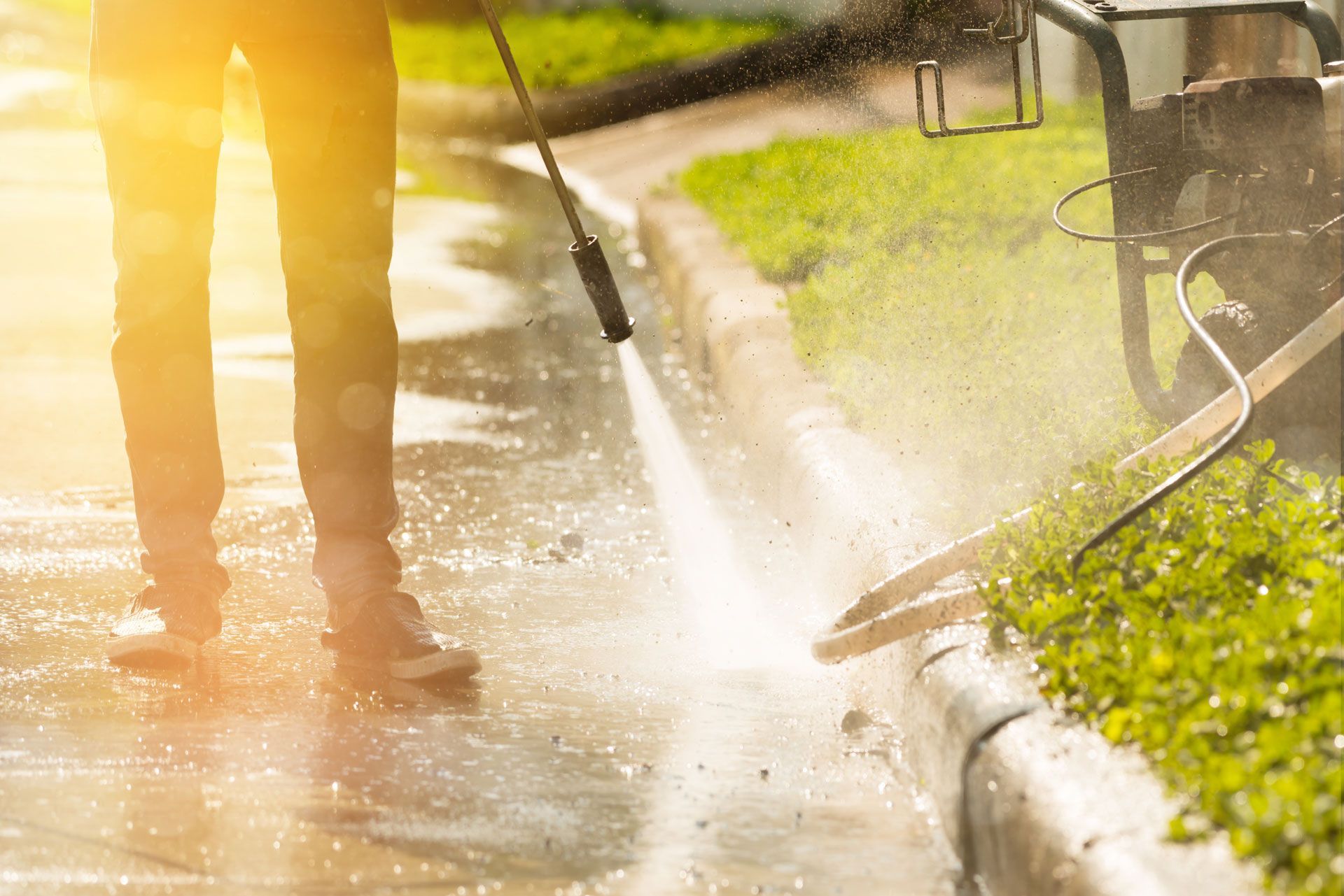 A man is using a high pressure washer to clean a sidewalk.