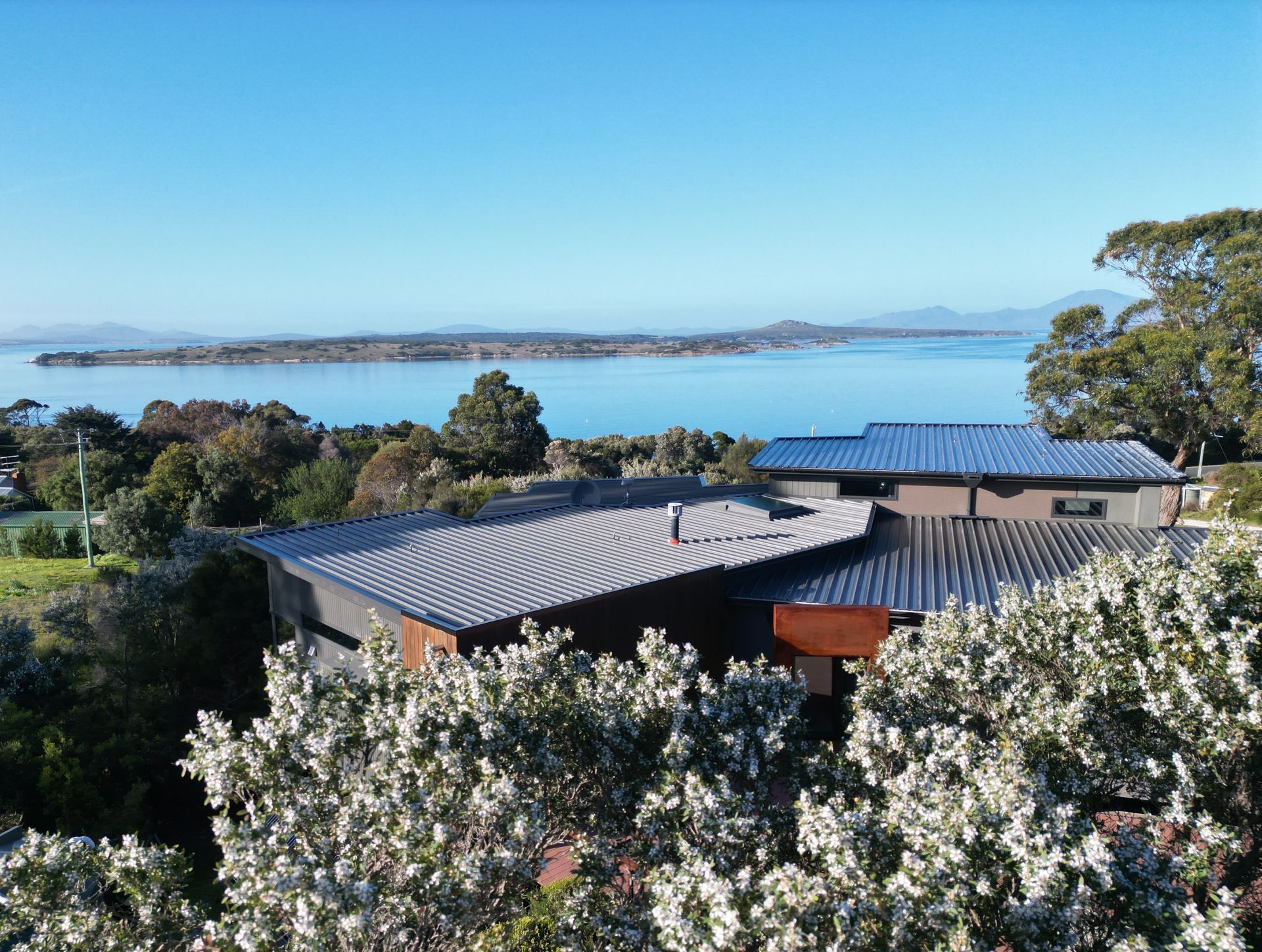 View south over the roof featuring the Ti Tree's in full bloom